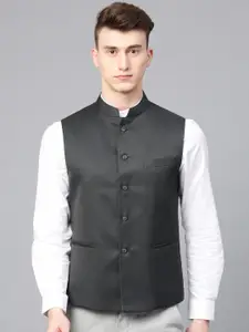 MANQ Men Charcoal Grey Solid Slim Fit Nehru Jacket