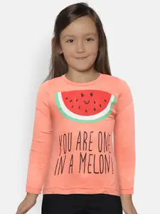 Kids On Board Girls Peach-Coloured Printed Round Neck Pure Cotton T-shirt
