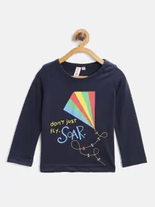 Kids On Board Girls Navy Blue Printed Round Neck Pure Cotton T-shirt