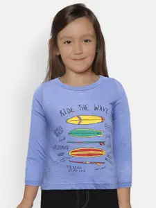 Kids On Board Girls Blue Printed Round Neck T-shirt