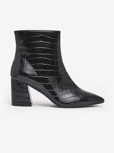 DOROTHY PERKINS Women Black Croc Textured Wide Fit Mid-Top Heeled Boots