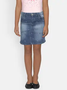 Gini and Jony Girls Blue Washed Beaded Denim Mini A-Line Skirt