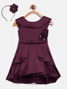 Gini and Jony Girls Aubergine Solid Layered Fit and Flare Dress with Hairband