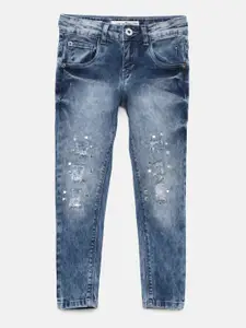 Palm Tree Girls Blue Slim Fit Mid-Rise Low Distress Studded Stretchable Jeans