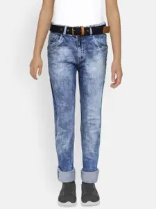 Palm Tree Boys Blue Slim Fit Mid-Rise Clean Look Acid Wash Stretchable Jeans with Belt