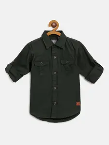 Palm Tree Boys Olive Green Regular Fit Solid Casual Shirt