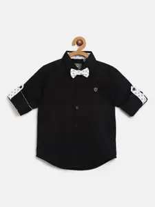 Palm Tree Boys Black Regular Fit Solid Casual Shirt with Bow-Tie