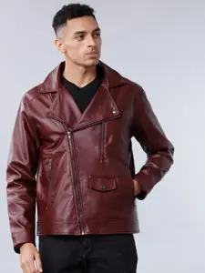 HIGHLANDER Men Burgundy Solid Biker Jacket