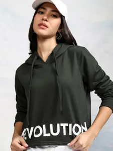 Tokyo Talkies Women Olive Green & White Solid Hooded Sweatshirt