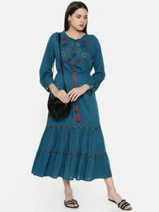 Global Desi Women Blue Embroidered Tiered A-Line Dress