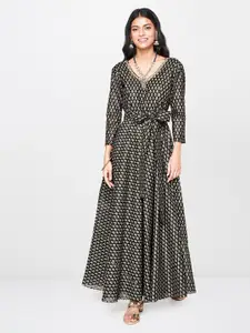 Global Desi Women Black & Grey Printed Maxi Dress