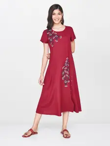 Global Desi Women Maroon Floral Embroidered A-Line Dress