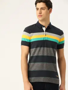United Colors of Benetton Men Navy Blue & Charcoal Grey Striped Polo Collar T-shirt