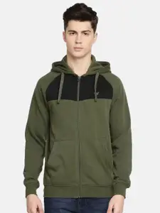 Wildcraft Men Olive Green & Black Colourblocked Hooded Sweatshirt