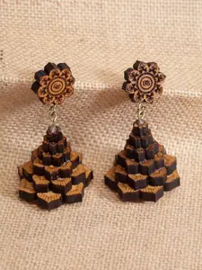 PANASH Brown Floral Handcrafted Wooden Drop Earrings