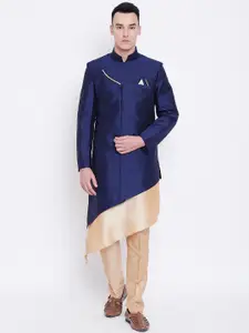 SG RAJASAHAB Men Navy Blue & Golden Solid Kurta with Trousers & Ethnic Jacket