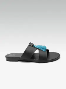 Street Style Store Women Black Tasselled Open Toe Flats