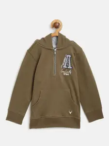 Allen Solly Junior Boys Olive Green Solid Hooded Sweatshirt with Applique Detail