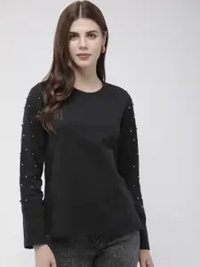 Antheaa Women Black Solid Embellished Sweatshirt