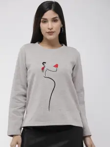 Antheaa Women Grey Melange Solid Embellished Sweatshirt