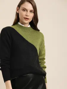 her by invictus Women Olive Green & Black Colourblocked Pullover Sweater