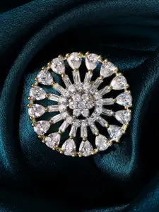 Rubans Women Gold-Toned & White CZ Stone-Studded Statement Adjustable Finger Ring