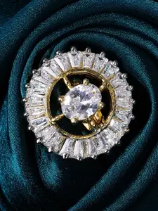 Rubans Women Gold-Toned & White CZ Stone-Studded Statement Adjustable Finger Ring