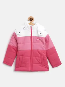 Okane Okane Girls Pink & White Colourblocked Parka Jacket with Detachable Hood