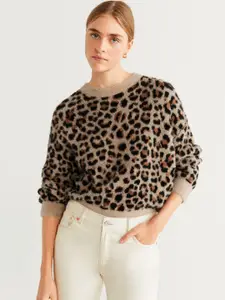 MANGO Women Beige & Black Fuzzy Animal Patterned Sweater