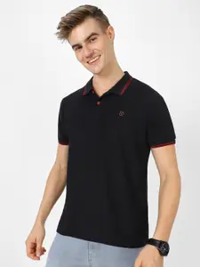 Urbano Fashion Men Black Slim Fit Solid Polo Collar Pure Cotton T-shirt