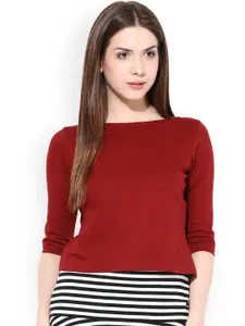 Miss Chase Women Maroon Solid Pure Cotton Top