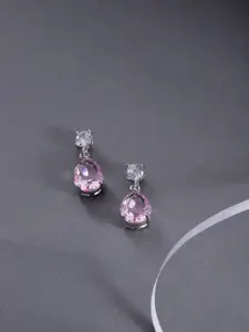 Jewels Galaxy Pink Silver-Plated Stone Studded Teardrop Shaped Drop Earrings