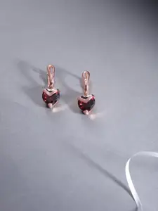 Jewels Galaxy Burgundy Rose Gold Plated Stone Studded Heart Shaped Drop Earrings