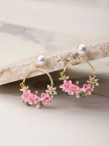 YouBella Pink & Off-White Gold-Plated Stone-Studded Floral Drop Earrings