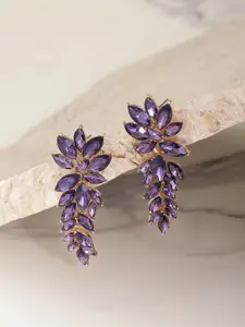 YouBella Purple Gold-Plated Stone-Studded Floral Drop Earrings