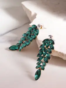 YouBella Green Gold-Plated Stone-Studded Leaf Shaped Drop Earrings