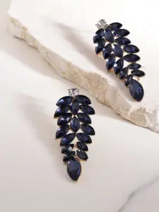 YouBella Navy Blue Gold-Plated Stone-Studded Leaf Shaped Drop Earrings