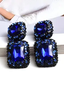 YouBella Blue & Black Stone-Studded Geometric Drop Earrings