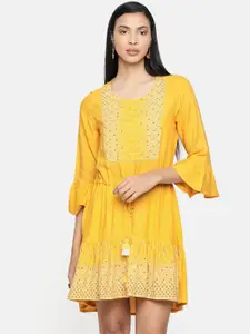 Global Desi Women Yellow Printed Fit and Flare Dress