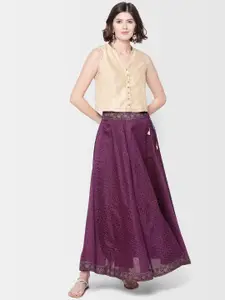 Fabindia Women Cream-Coloured & Purple Solid Top with Skirt