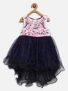 Nauti Nati Girls Navy Blue & White Floral Embroidered Fit & Flare Dress