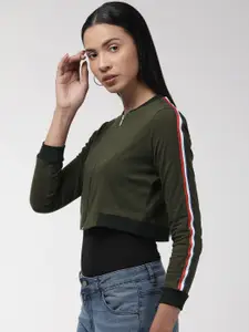Style Quotient Women Olive Green Solid Cropped Sweatshirt