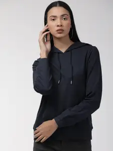 Style Quotient Women Navy Blue Solid Hooded Sweatshirt