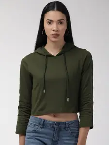 Style Quotient Women Olive Green Solid Hooded Cropped Sweatshirt