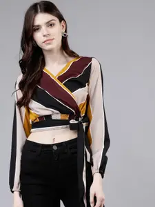 Tokyo Talkies Women Mustard Striped Wrap Top