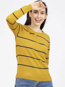 Tokyo Talkies Women Mustard & Navy Blue Striped Sweater