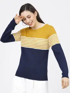 Tokyo Talkies Women Mustard & Navy Blue Colourblocked Sweater