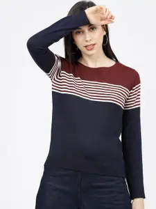 Tokyo Talkies Women Maroon & Navy Blue Colourblocked Sweater