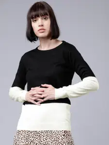 Tokyo Talkies Women White & Black Colourblocked Sweater