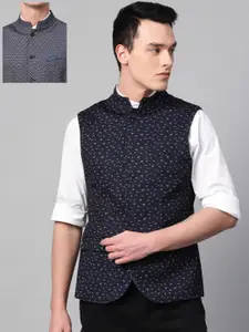 Blackberrys Men Blue Woven Design Reversible Nehru Jacket